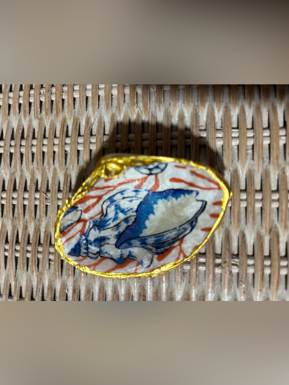 Handmade Red Blue & White Shell Ring Dish 3", Gold Trim, SW Florida